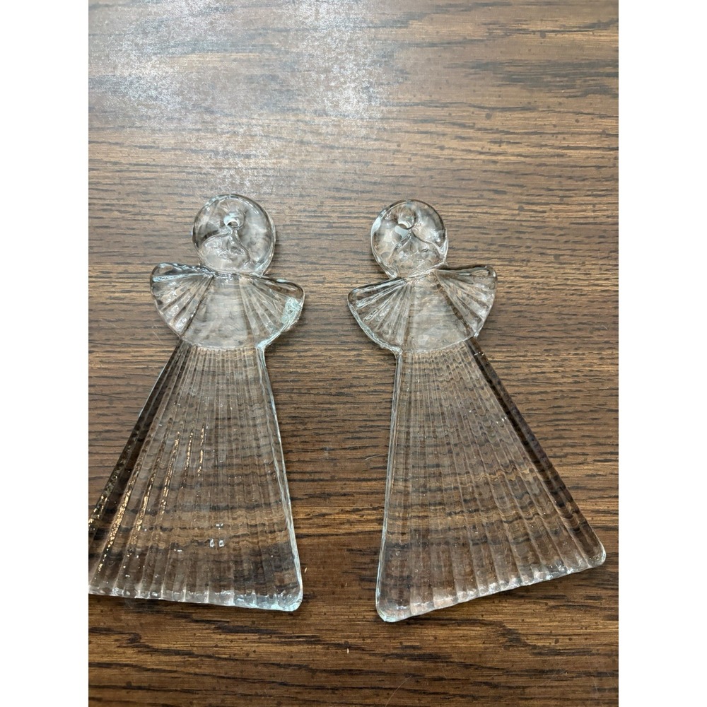 Pair Pressed Glass Angel Sun Catchers Ribbed Clear Window Decor Cottagecore